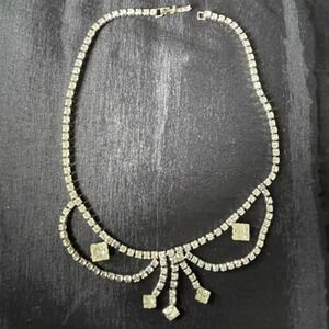 Vintage Silver Tone Rhinestone Bib Fringe Drop Necklace Mid Century festoon